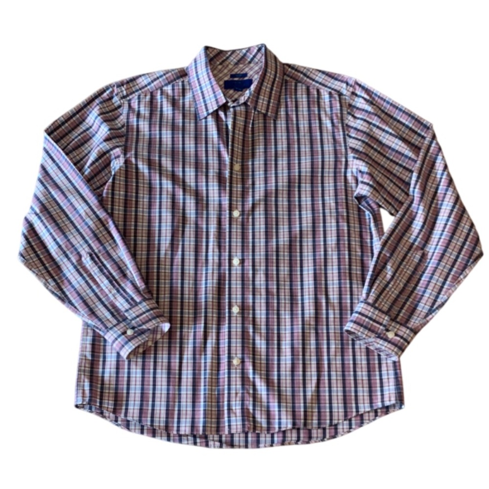 Egara Men's Blue and Red Plaid Button Down Shirt- Large
